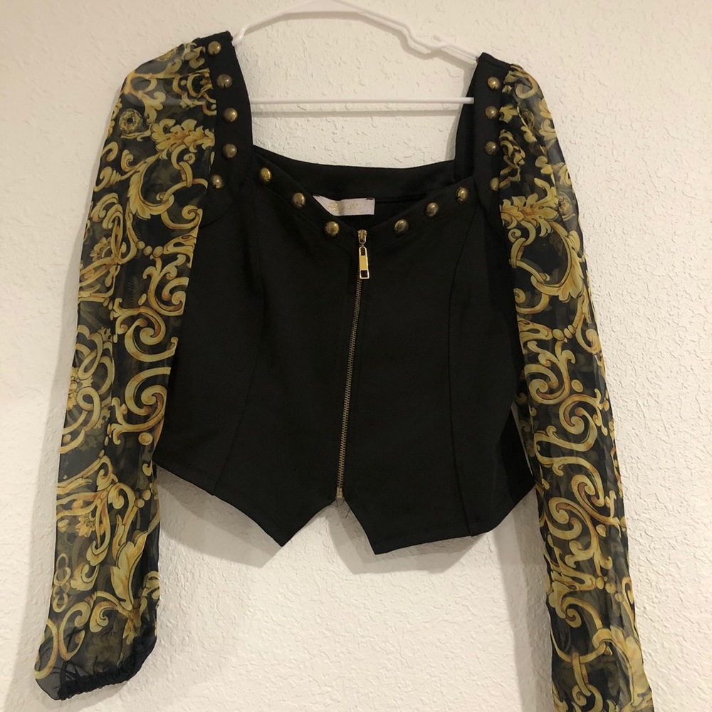Puff Mesh Long Sleeve Button Crop Top